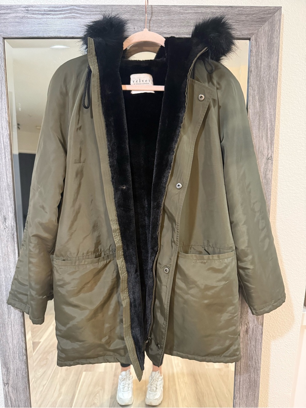 Velvet by Graham & Spencer Olive Green Parka with Black Faux-Fur Lining